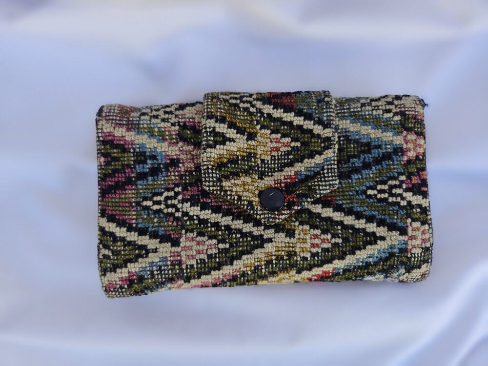 Vintage 70s Creative House Tapestry Wallet Bohemian Kilim Aztec Trifold Clutch